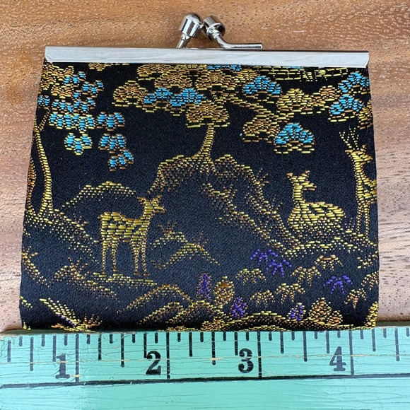 Vintage Japan Handbags - Vintage Made In Japan Brocade Coin Purse With Box Deer Scenic Kiss Clasp